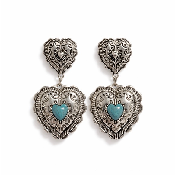 Anthropologie Jewelry - Western Silver Heart Drop Earrings with Turquoise Accents